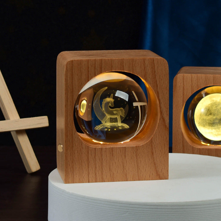 Beech Crystal Ball Night Light 3D Laser Engraving Elk Jellyfish LED Nightlights